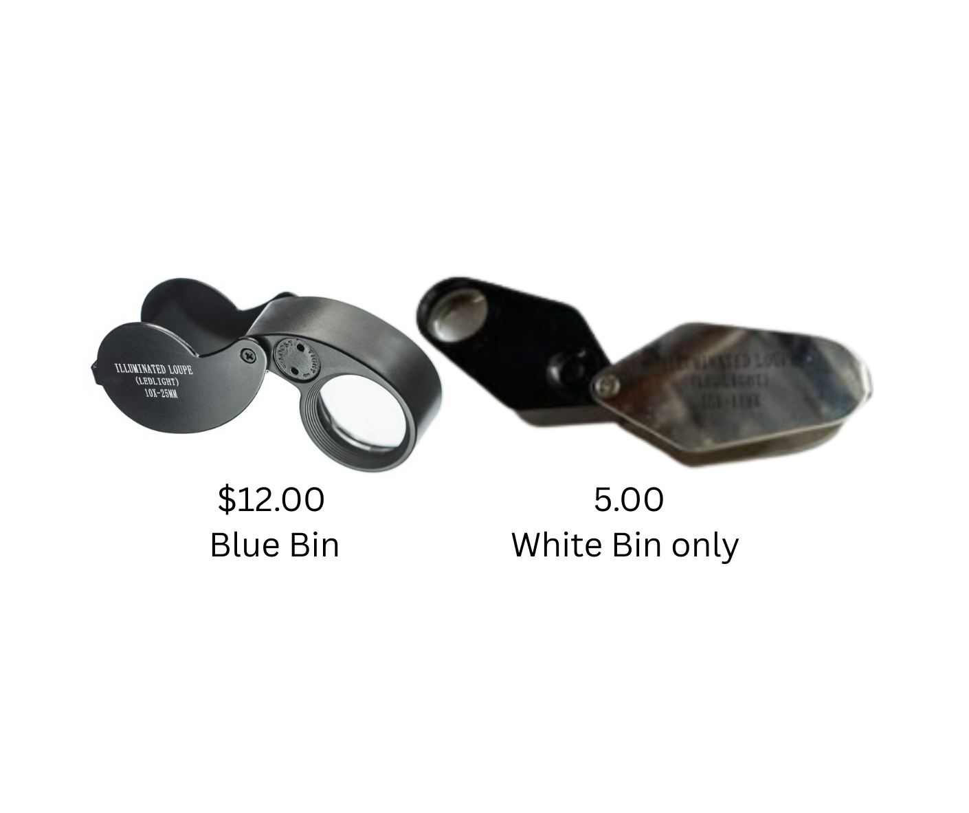 2 LED Illuminated Jeweler’s Loupe ($12) / White Bin Only ($15)