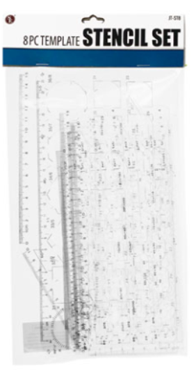 8pc plastic stencil set (oval, circle, square, circle hex, perspective shapes)